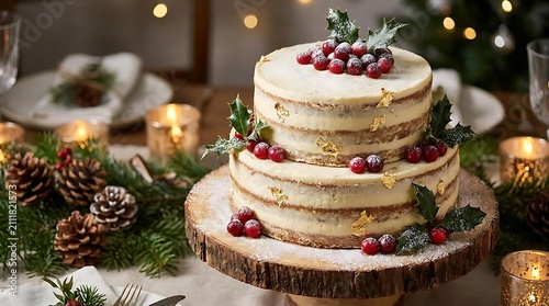 Festive layer cake with berries on holiday table.
