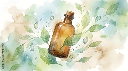 Herbal essence oil bottle with botanical leaves and water drops