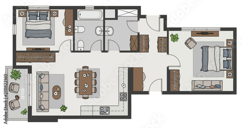 Detailed residential layout blueprint showcasing a thoughtfully designed living space with two bedrooms ample storage and an integrated dining and kitchen area for comfortable occupancy and