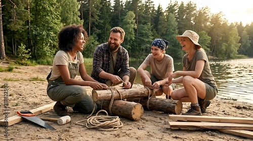 Outdoor group activity building wooden structure near lake summer day