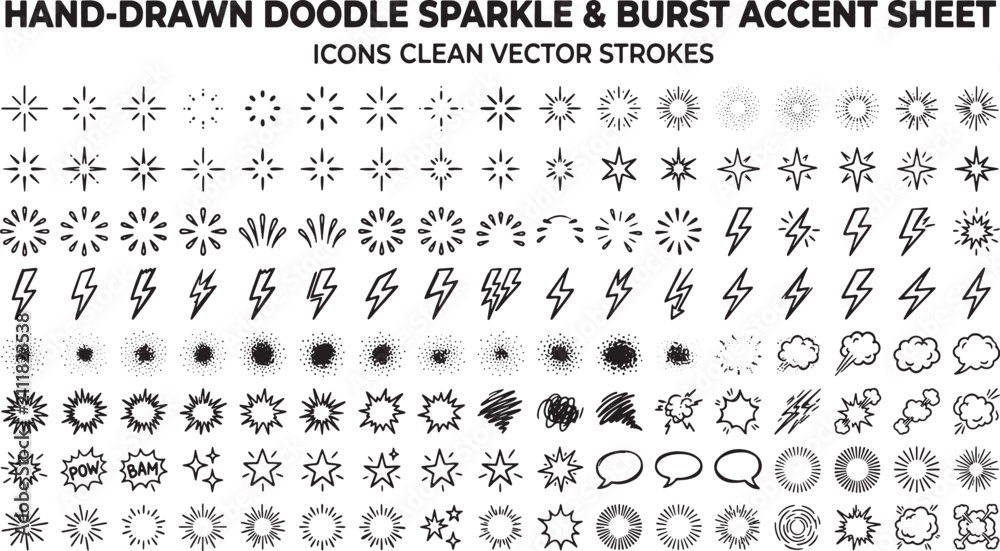 Fototapeta premium Hand drawn doodle sparkle and burst accent sheet featuring various star shapes lightning bolts and comic style explosion elements