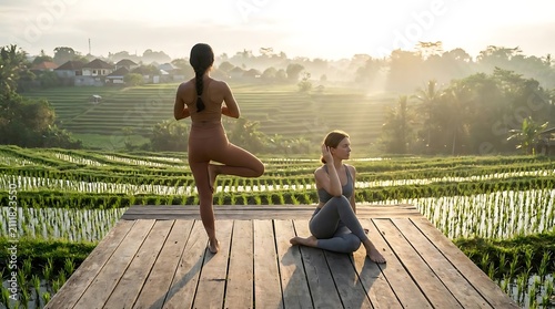 Outdoor yoga practice serene nature rice field landscape sunrise light