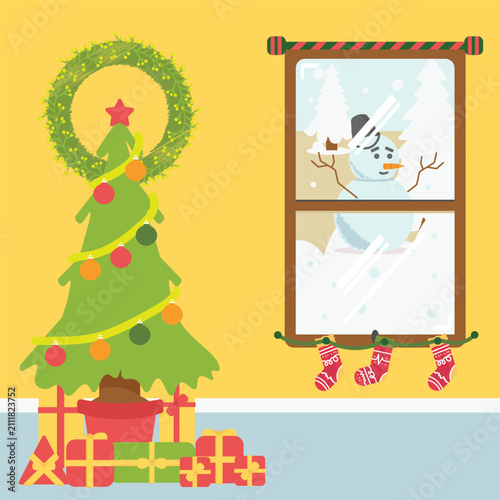 Christmas Tree and Winter Window Cozy Holiday Flat Illustration