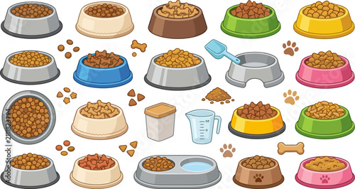 Photography Large Vector Collection of Pet Food Bowl Icons Filled with Crunchy Dry Kibble Me