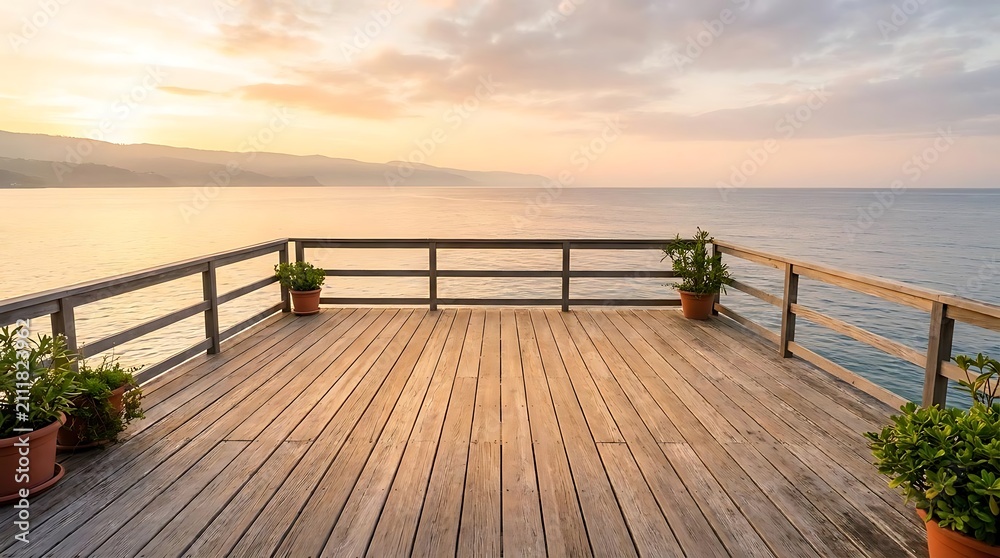 Obraz premium Wooden deck overlooking calm ocean at sunset with potted plants