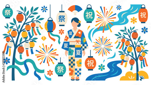 Konstfotografi Japanese summer festival with woman in yukata lanterns fireworks and river stream