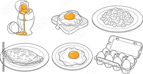 Cuadro en lienzo Detailed line art vector illustration of various egg dishes and a carton of fres