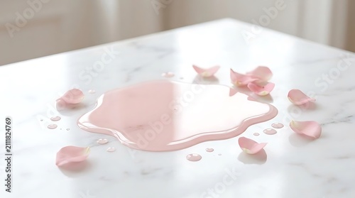 Pink liquid spill with petals on marble surface with soft lighting