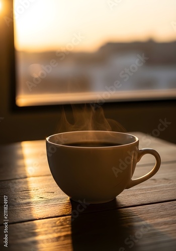 Warm ceramic mug filled with steaming hot beverage bathed in golden sunset light on wooden surface with illuminated soft golden sunlight filtering through window backgroundblur