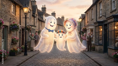 Friendly ghost family floating on European cobblestone village street.