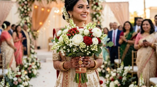 Elegant Indian Bride Holding Beautiful Rose Flower Bouquet at Wedding Venue
