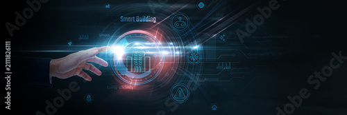 Touching Smart Building and intelligent infrastructure data, building automation, energy management, IoT integration, facility operations, sustainable technology.