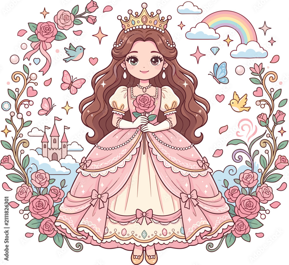 Fototapeta premium Cute cartoon princess holding a pink rose in magical garden frame vector illustration for children fairytale storybook backgrounds
