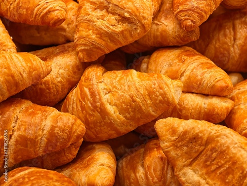 Close-up stacked golden flaky croissants.