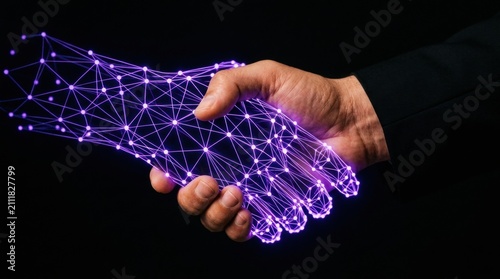 Collaboration Symbolized: Human Handshake with Glowing Digital Hand in Purple Light Connection, between a