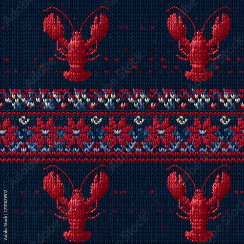 Seamless knitting pattern with red lobsters and ornamental details knitting seamless background ornamental nautical clothing winterwear traditional scandinavian christmas creative abstract