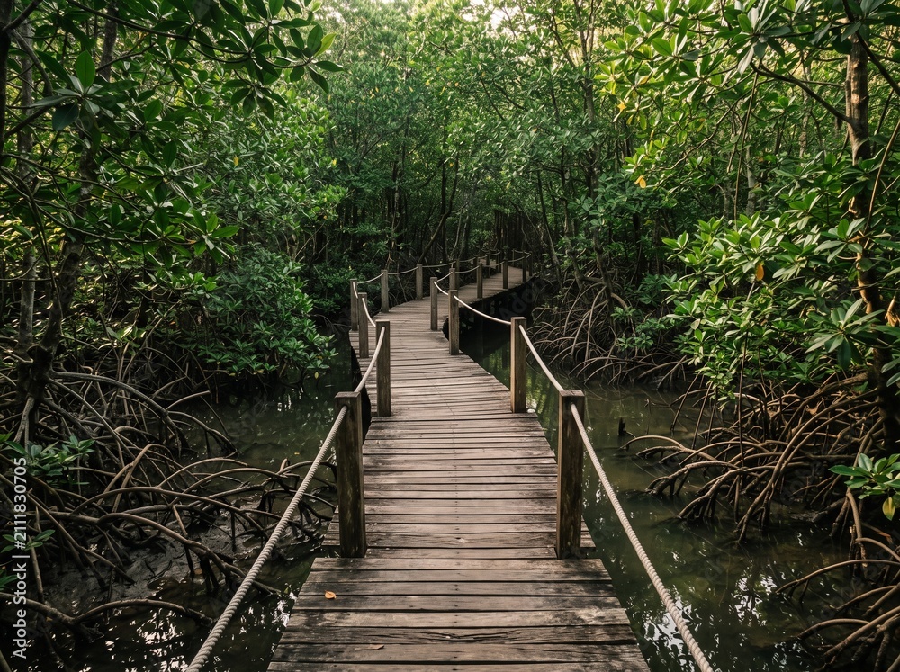 Fototapeta premium Mangrove Boardwalk Path: A wooden boardwalk winds through a vibrant mangrove forest, its roots exposed and intertwined with the still water, surrounded by lush green foliage, inviting exploration.