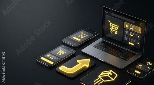 Mobile shopping app with delivery box and arrow icons