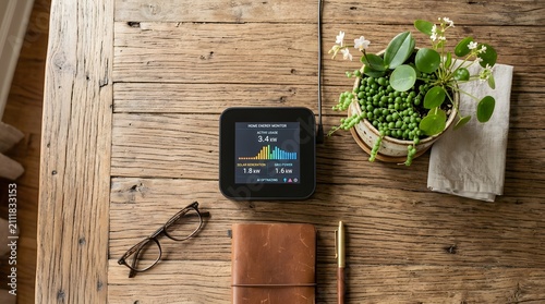 Smart home energy monitor screen on rustic wooden desk with office tools and green plants.