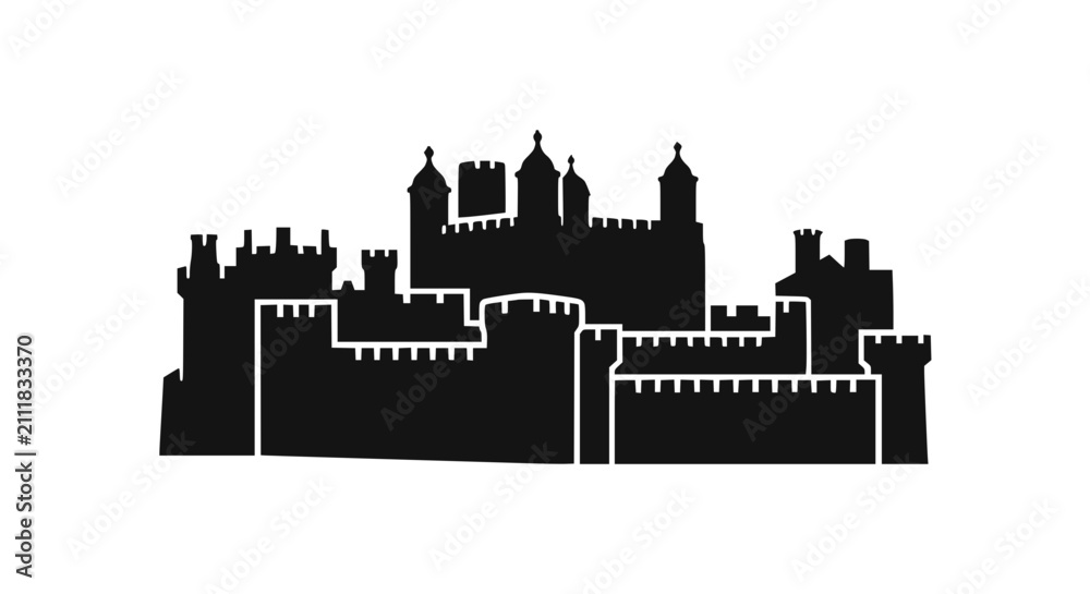 Obraz premium Medieval Castle Silhouette Icon, Historic Fortress Landmark, Royal Architecture Vector