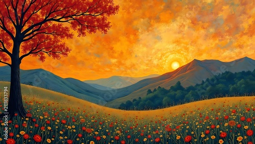 Vibrant Autumn Landscape Painting with Colorful Sunset and Mountains.