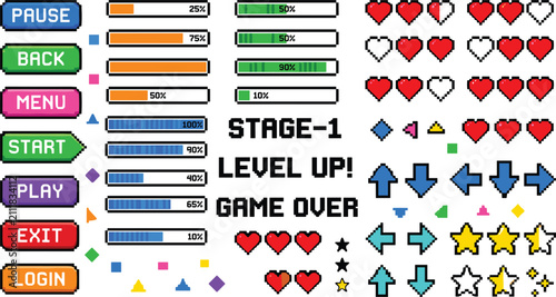 Pixel art video game user interface elements set with buttons progress bars hearts stars arrows vector illustration