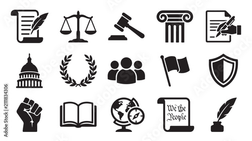 Law and justice icon set, 15 black vector symbols for legal services and government, court and constitution signs for advocacy and civil rights