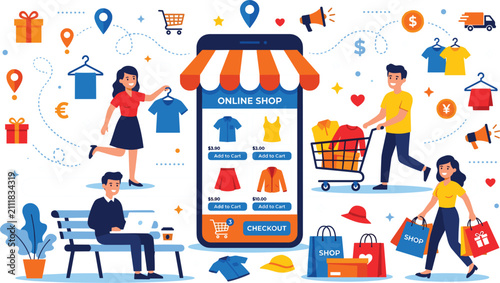 Online store shopping app concept vector illustration with smartphone store front people buying clothes bags discount icons