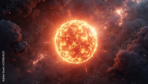 Fiery Cosmic Sun Surrounded by Swirling Nebulae and Clouds.