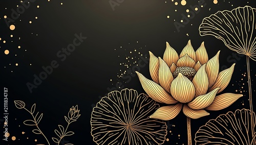 Elegant Golden Lotus Flower on Black Background with Sparkles.