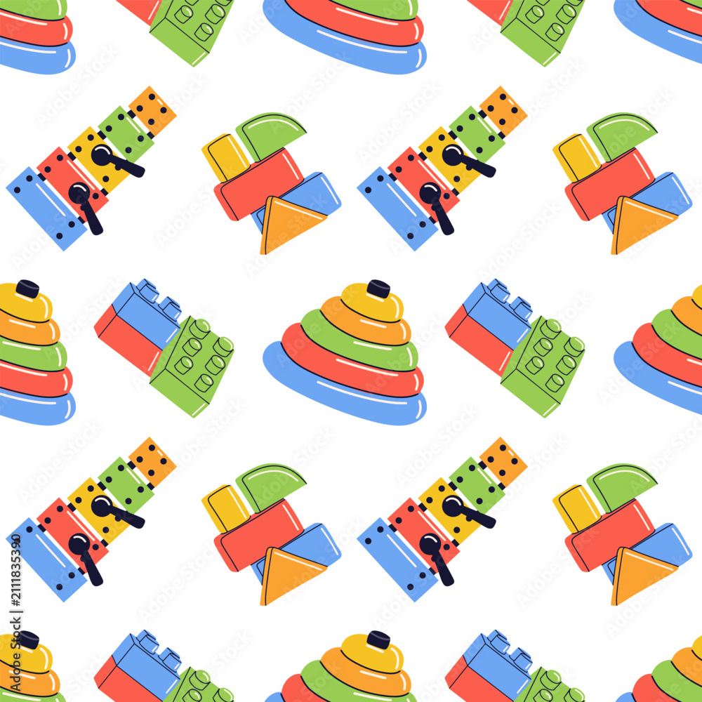 Fototapeta premium Colorful kids educational toys seamless pattern vector illustration isolated on white background. Graphic asset for nursery wallpaper, children fabric, and packaging.