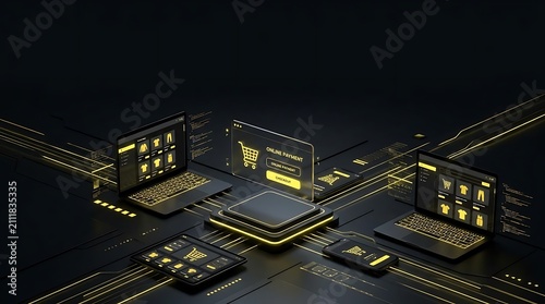 Multiple devices displaying synchronized online shopping marketplace platforms.