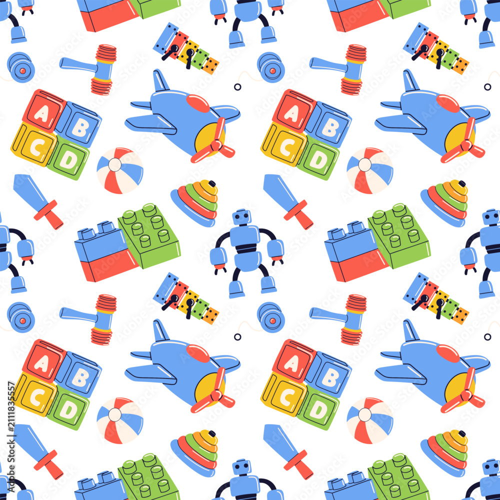 Fototapeta premium Colorful kids toys seamless pattern vector illustration isolated on white background. Graphic asset for children packaging, nursery wallpaper, and fabric.