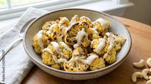 Roasted cauliflower florets served in ceramic bowl with creamy tahini dressing and nuts.