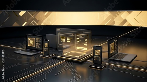 Multiple devices with shopping interfaces in dark futuristic room.