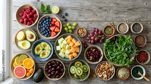 Top view of assorted fresh fruits and superfoods in small bowls on rustic wooden table background with breakfast nutrition vegetarian superfood vitamins