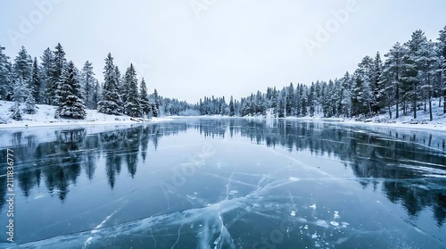 Frozen river winding through a snow-covered pine forest.