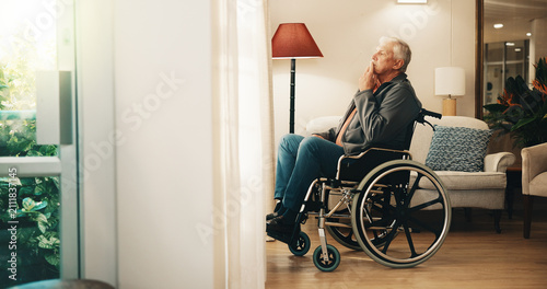 Canvastavla Senior, man and thinking on wheelchair in home for nostalgia, past moment or memory