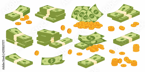 Vászonkép Stacks of money and coins colorful vector illustration on white background
