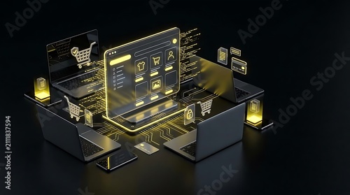 Multiple laptops and mobile devices displaying glowing shopping interfaces.