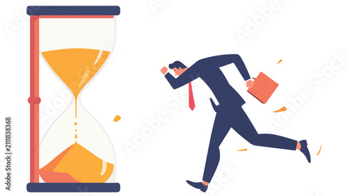 Energetic businessman running urgently with briefcase and hourglass, time pressure illustration perfect for deadline and business urgency concepts