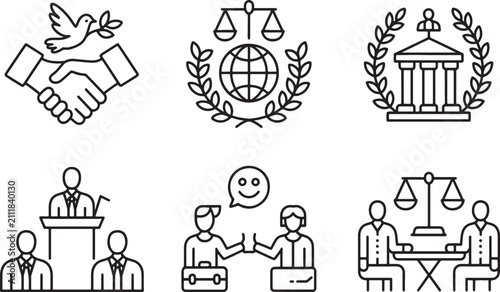 Fotografie Set of business law and diplomacy icons featuring handshake peace dove symbols