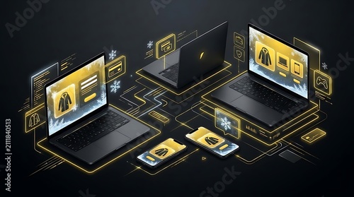 Online clothing store displays on glowing gold laptops.