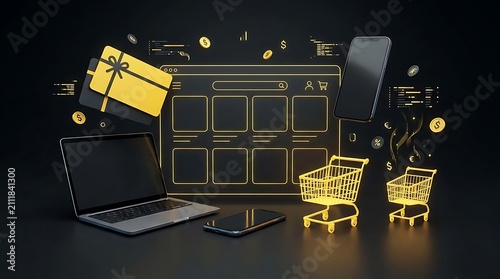 Online shopping setup with laptop phone and gold carts