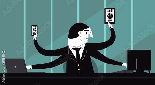 multitasking office worker with multiple arms