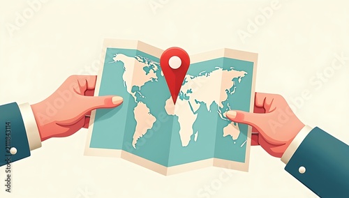 Hands holding a world map with a red location pin on it.