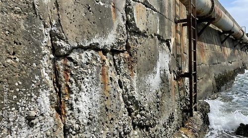 Weathered concrete wall and water with industrial pipe detail