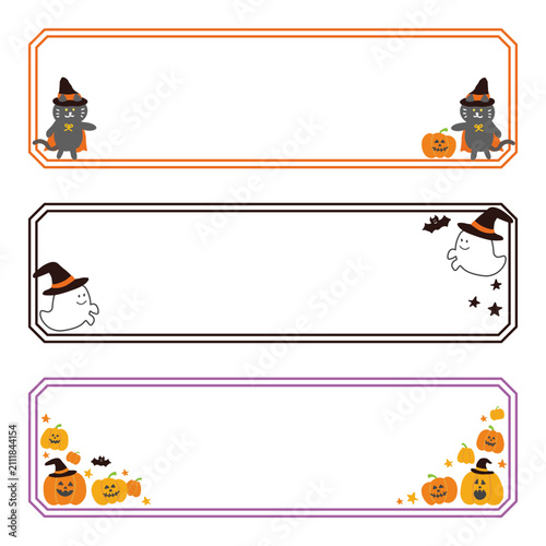 Set of Halloween horizontal banners with cat ghost pumpkin on transparent background