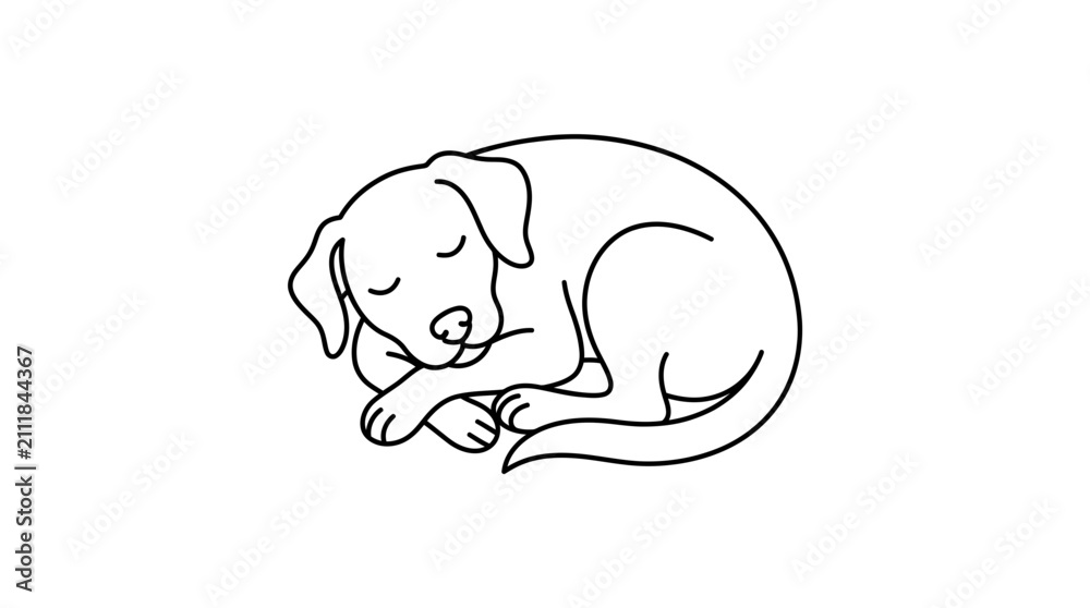Fototapeta premium Cute puppy sleeping peacefully on its side. Adorable dog resting in calm relaxation with closed eyes.