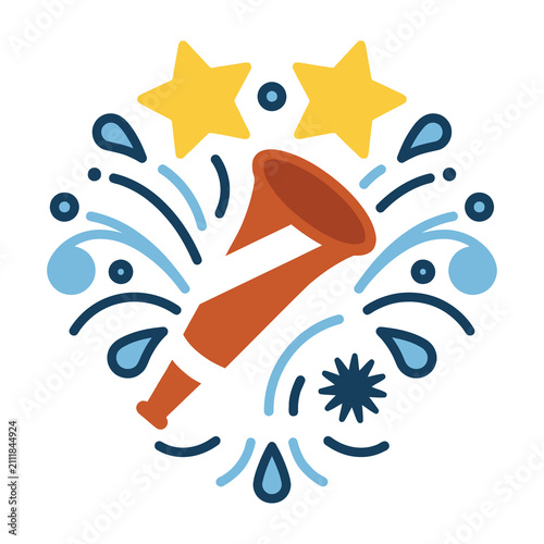 Fotografi Celebration icon with party horn and stars on white background